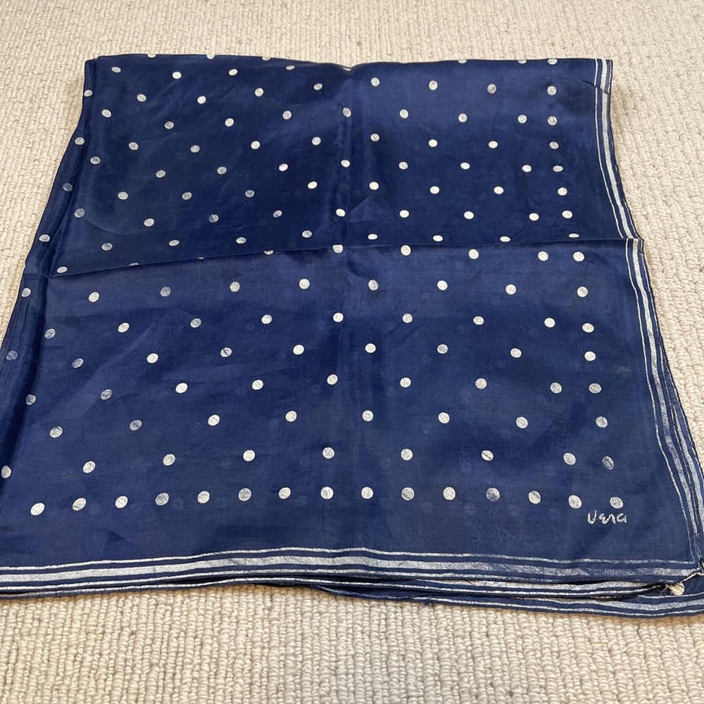 Vtg Scarf By Vera All Silk Hand-rolled Navy Dot 29x31